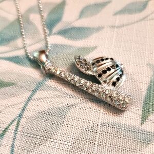 Silver/Black Rhinestone Baseball Cap and Silver Rhinestone Bat Pendant Necklace